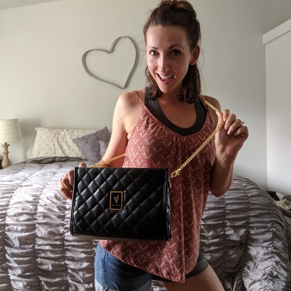 Black faux leather quilted purse makeup bag